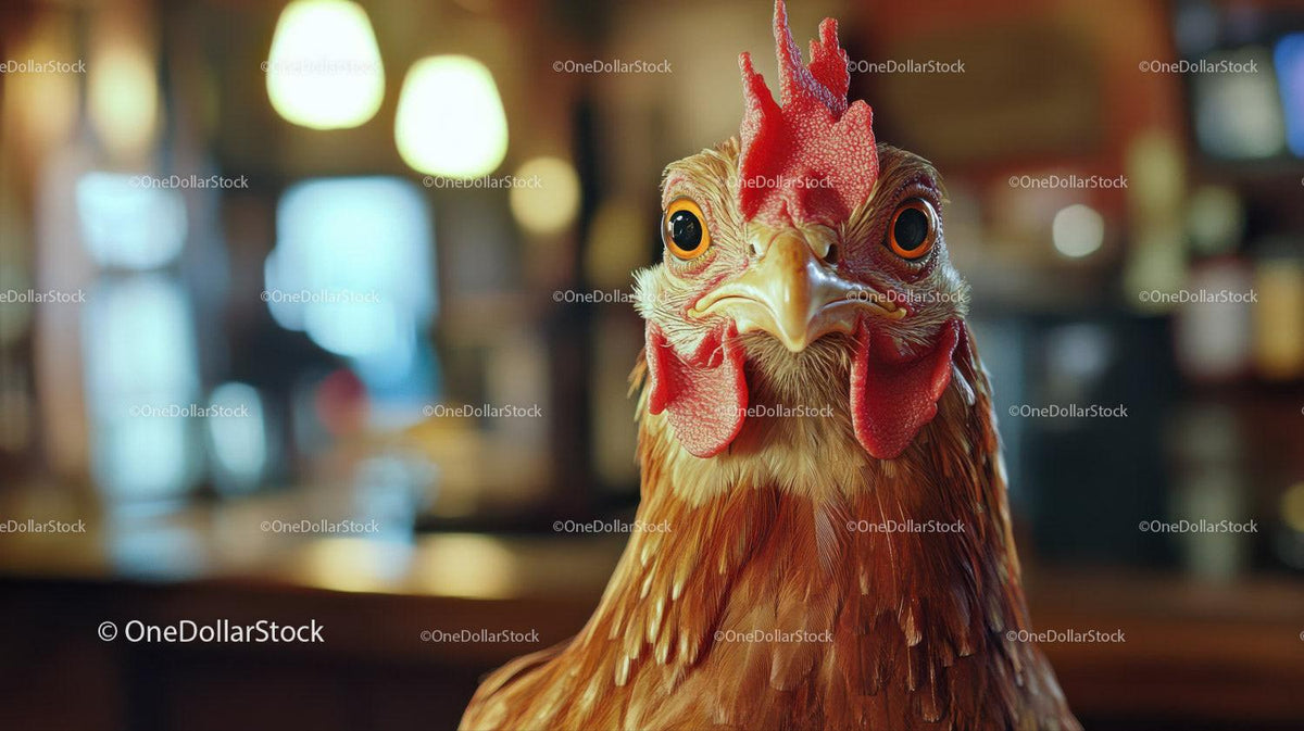 Close-up of a brown chicken head with red comb and large eyes in soft warm background