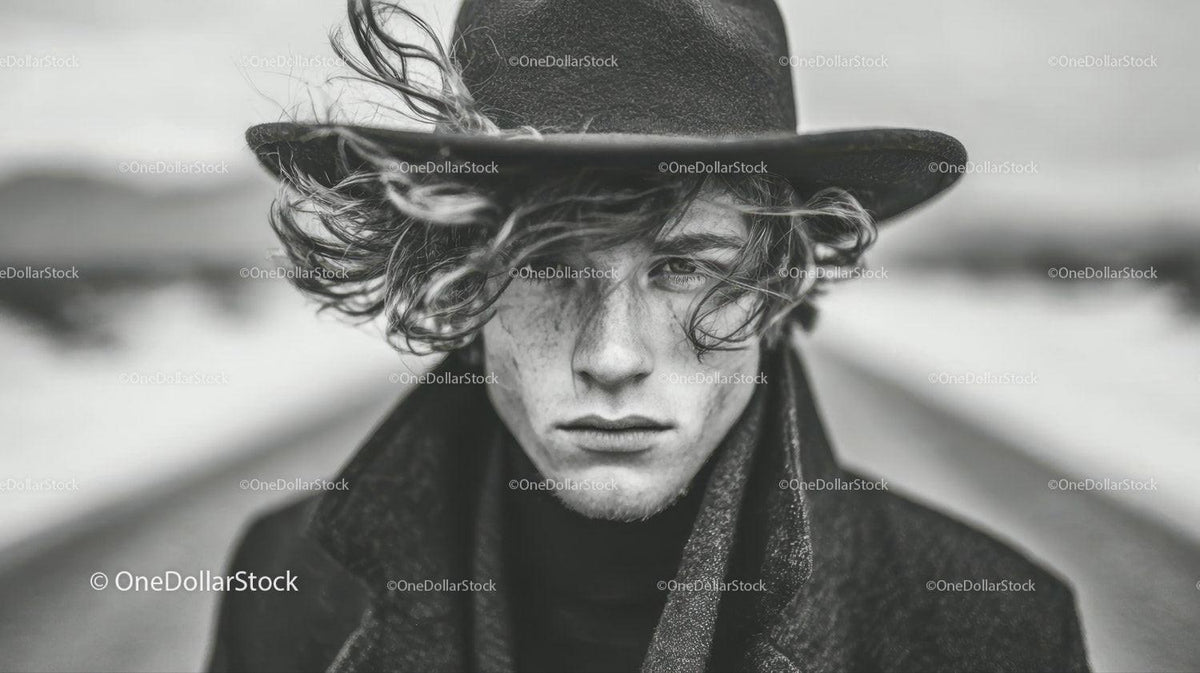 Monochrome Portrait of Young Man with Wide-Brimmed Hat and Intense Gaze