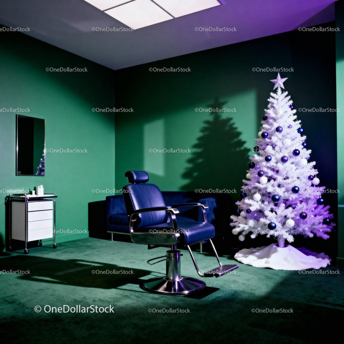 Modern Barber Chair Near White Christmas Tree in Green Room