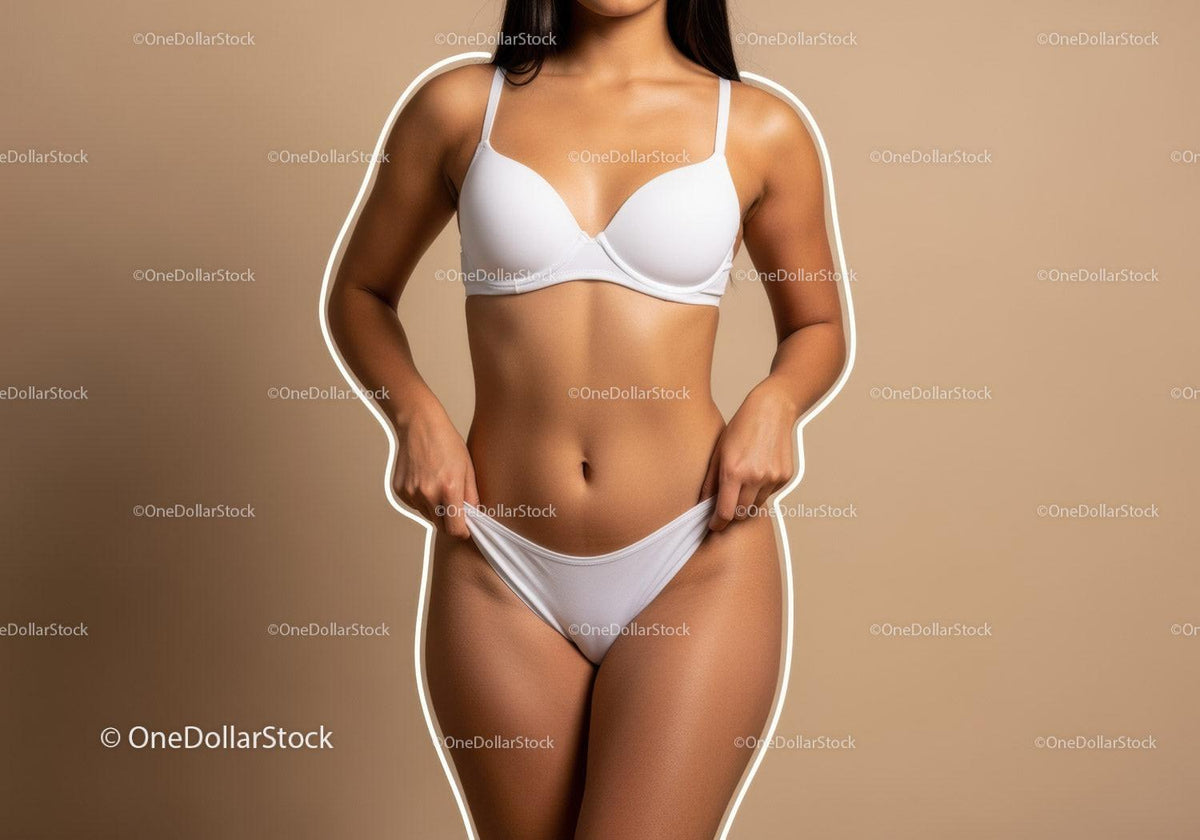 Elegant Toned Woman in White Lingerie Against Beige Background
