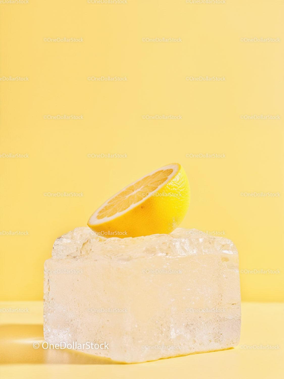 Fresh Lemon Half Balanced on Large Ice Cube