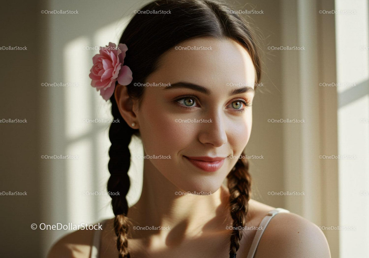 Young Woman with Braided Hair and Pink Flower Against Sunlit Indoor Background