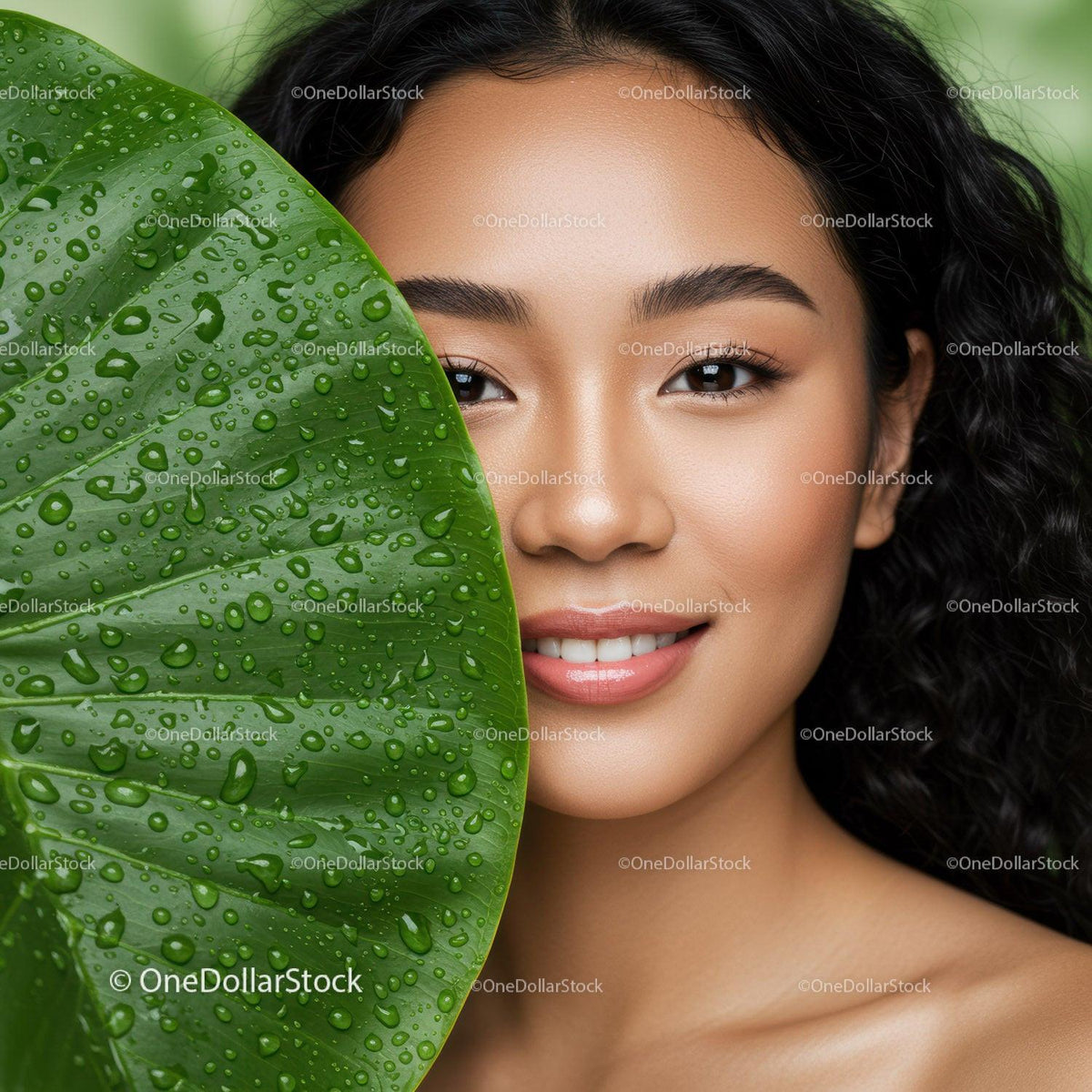 Beautiful Woman with Lush Green Leaf and Water Droplets in Nature