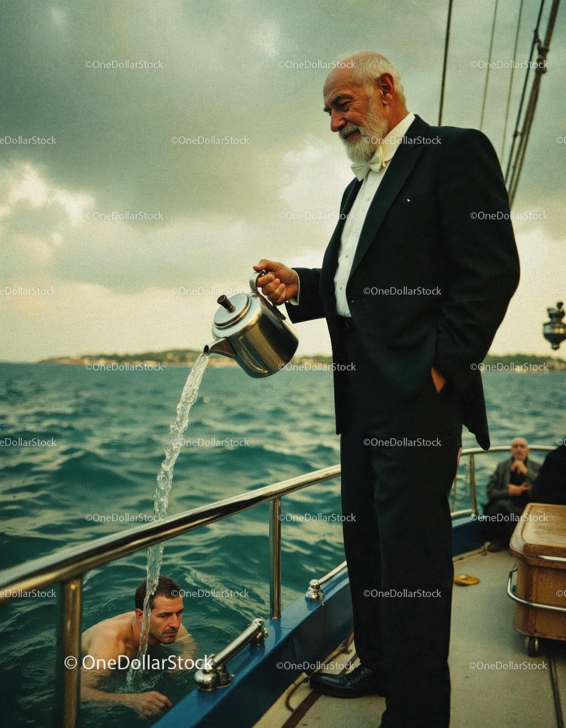 Elderly Gentleman in Formal Attire Watering Man in Pool on Yacht