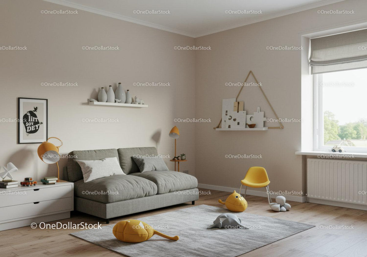 Bright Modern Living Room with Gray Sofa and Yellow Chair