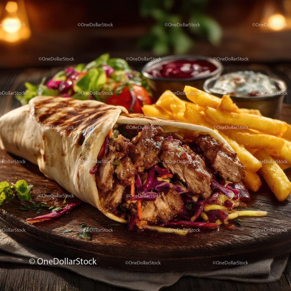 Hearty Grilled Beef Burrito with French Fries and Fresh Sides