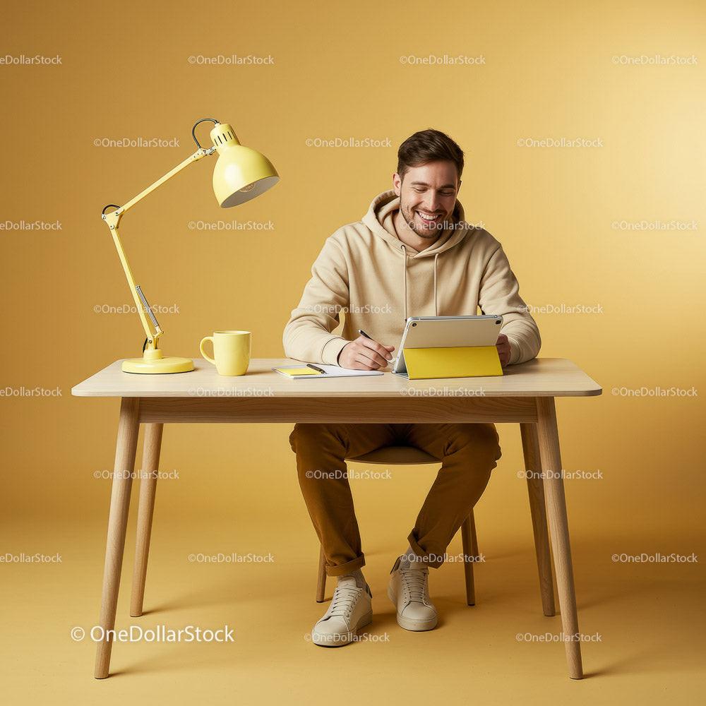 Smiling Man in Casual Attire at Modern Yellow Workspace Stock Photo Bundle preview 7