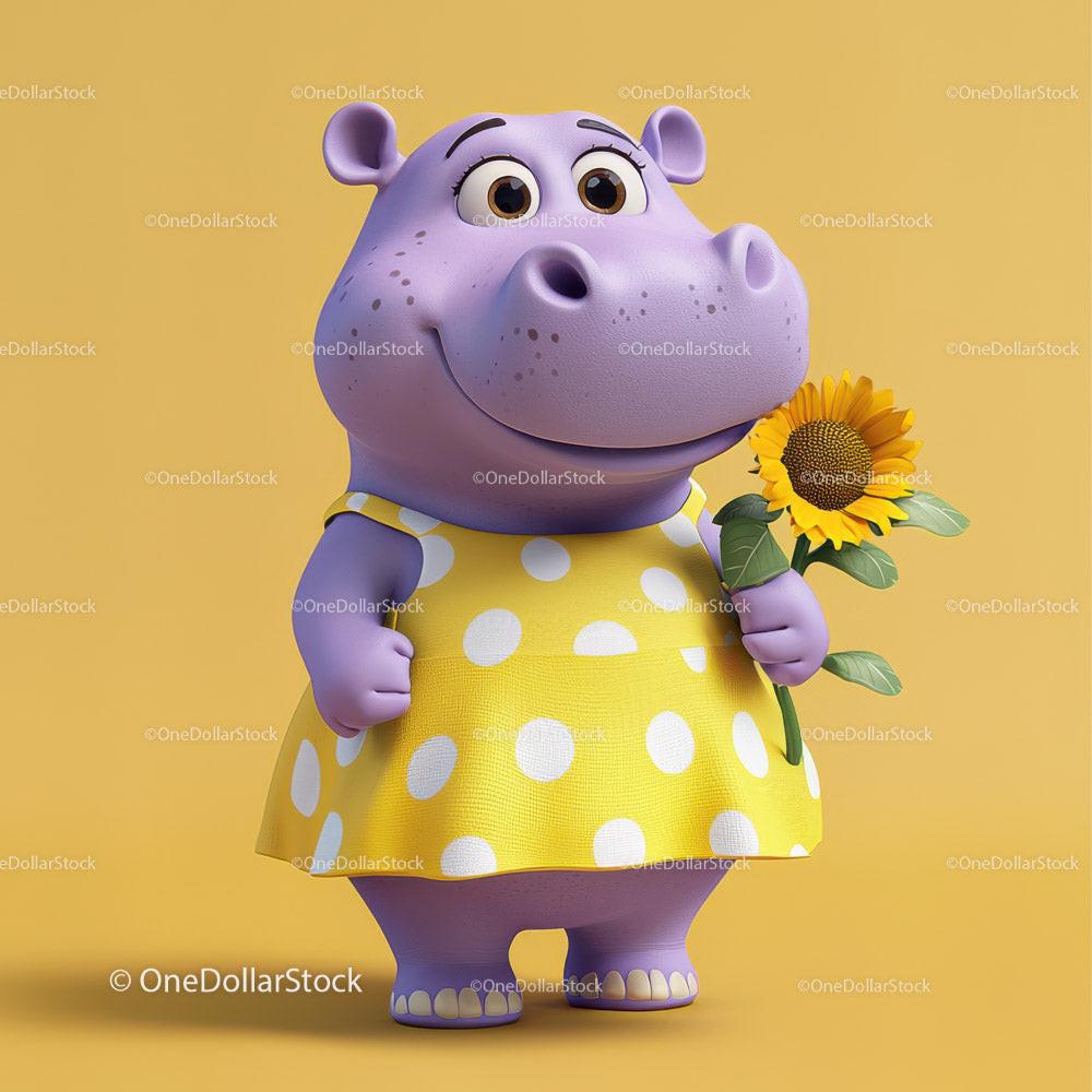 Cute Cartoon Hippo Holding Sunflower in Yellow Dress for Kids Illustration Stock Photo Bundle preview 46