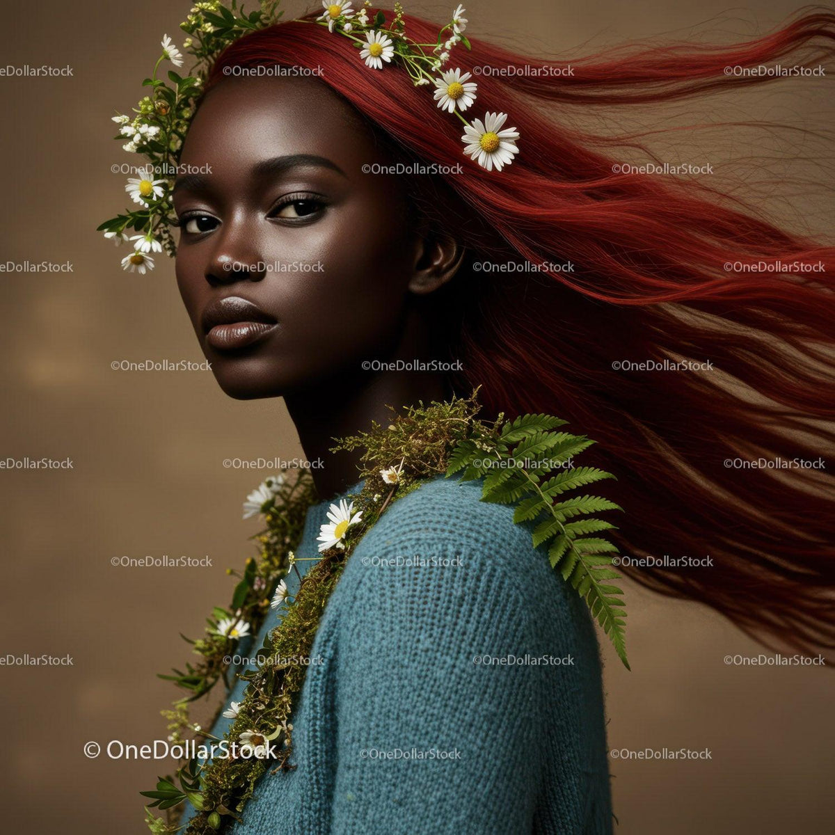 Elegant Portrait of a Woman with Flowing Red Hair and Botanical Accessories 36 JPG Files digital asset preview