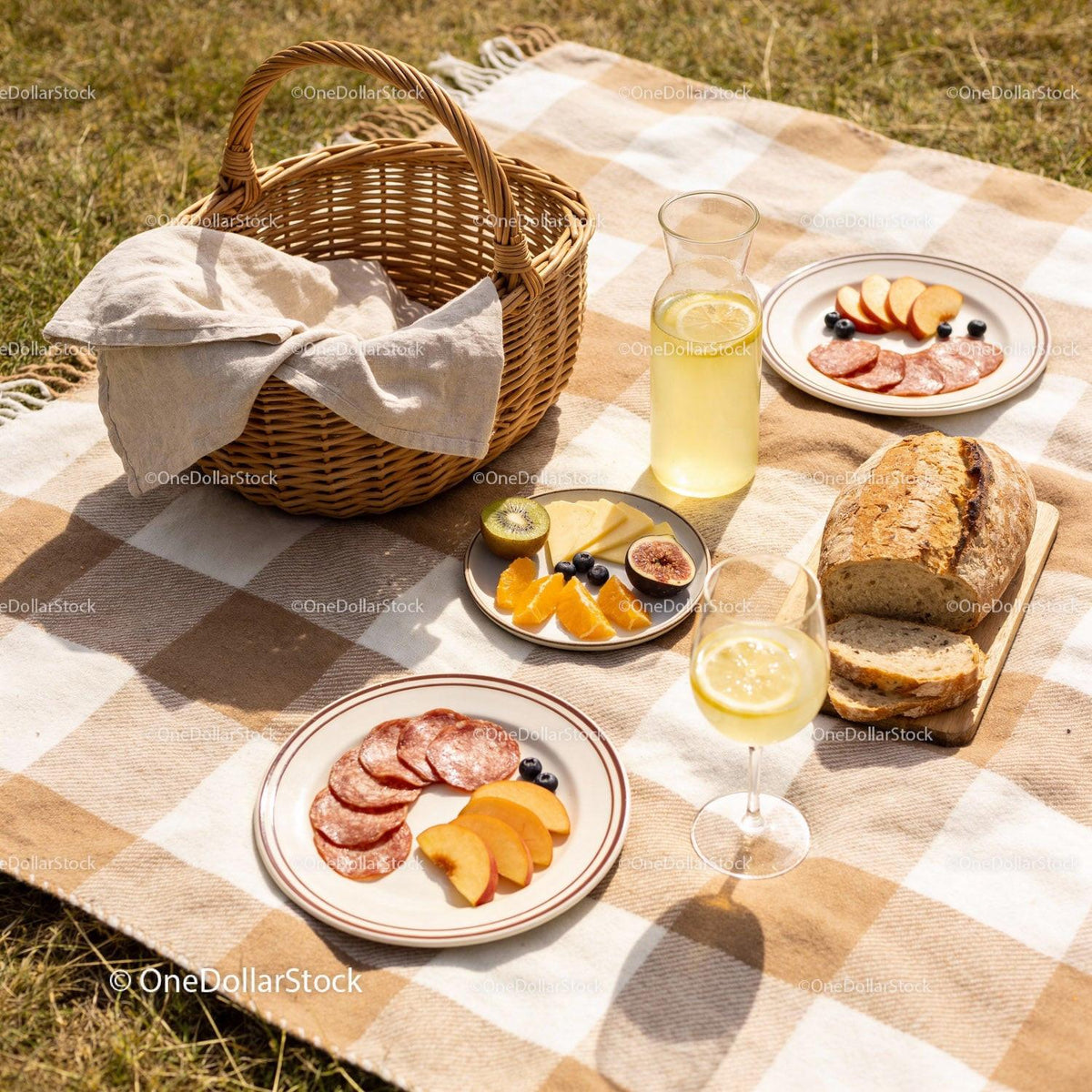 Relaxing outdoor picnic with fresh fruits and charcuterie