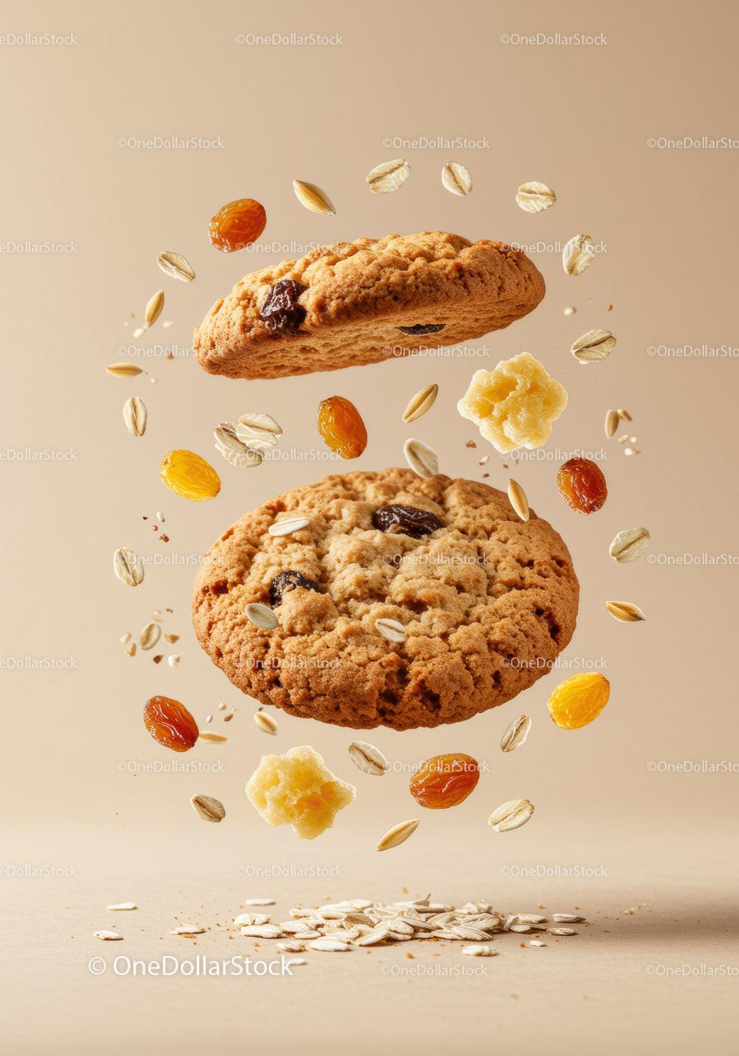 Raisin oatmeal cookies with flying oats and golden raisins