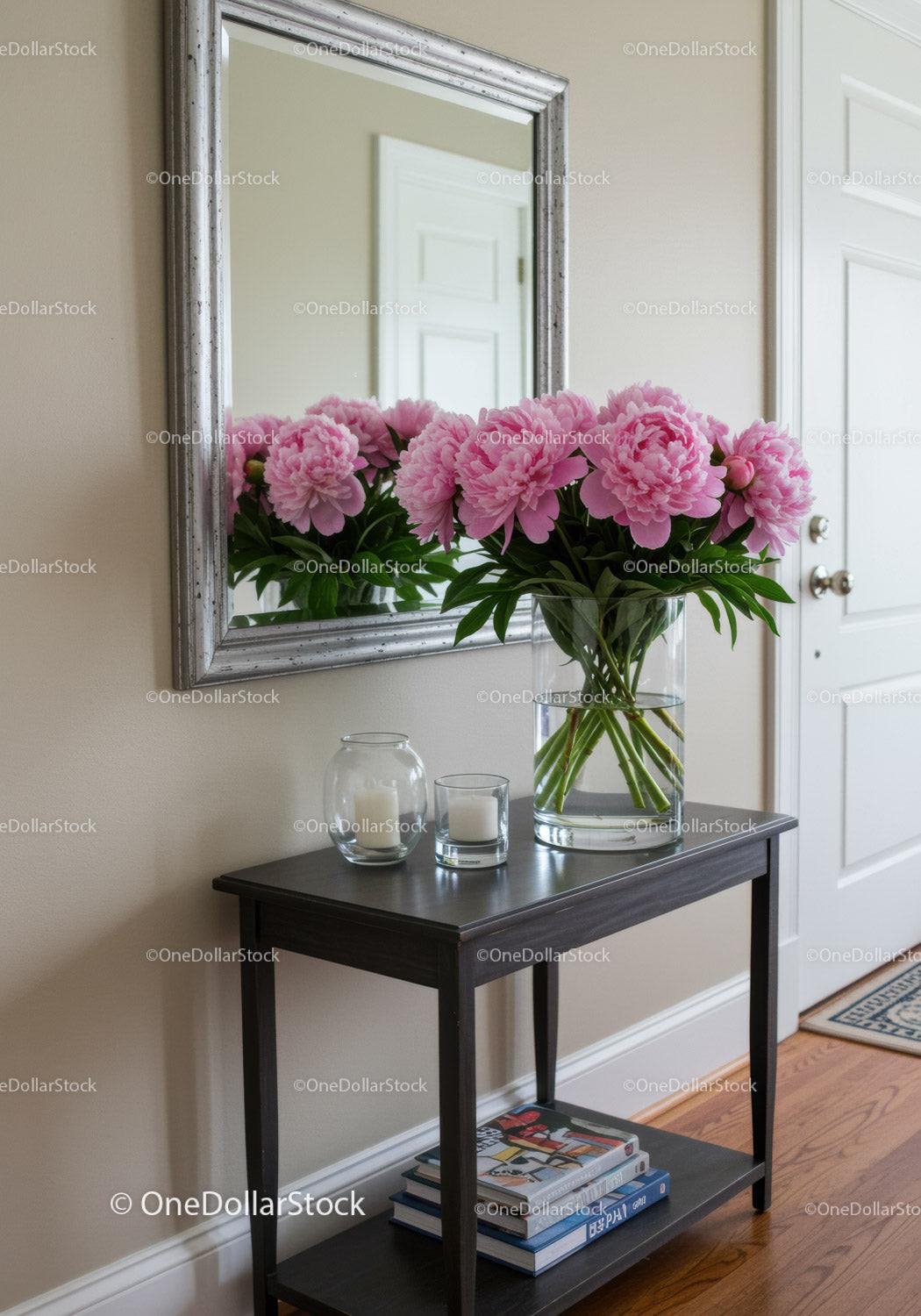 Pink Peonies in Glass Vase for Elegant Interior Home Decoration