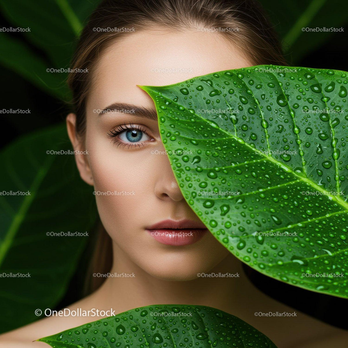 Striking Woman Peeking Through Tropical Green Leaves with Water Droplets