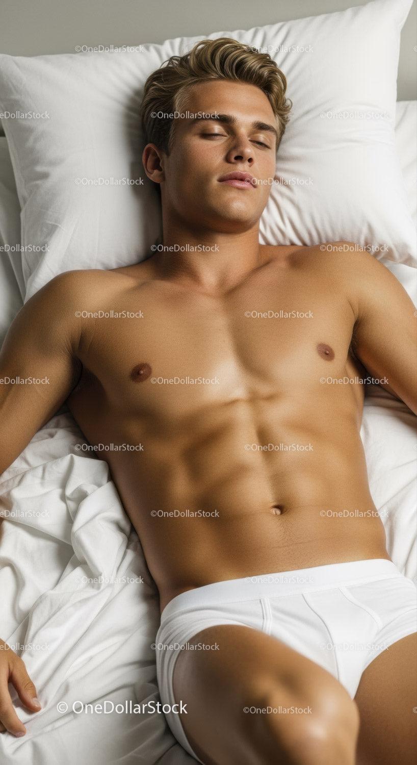Relaxed young man resting in bed with eyes closed