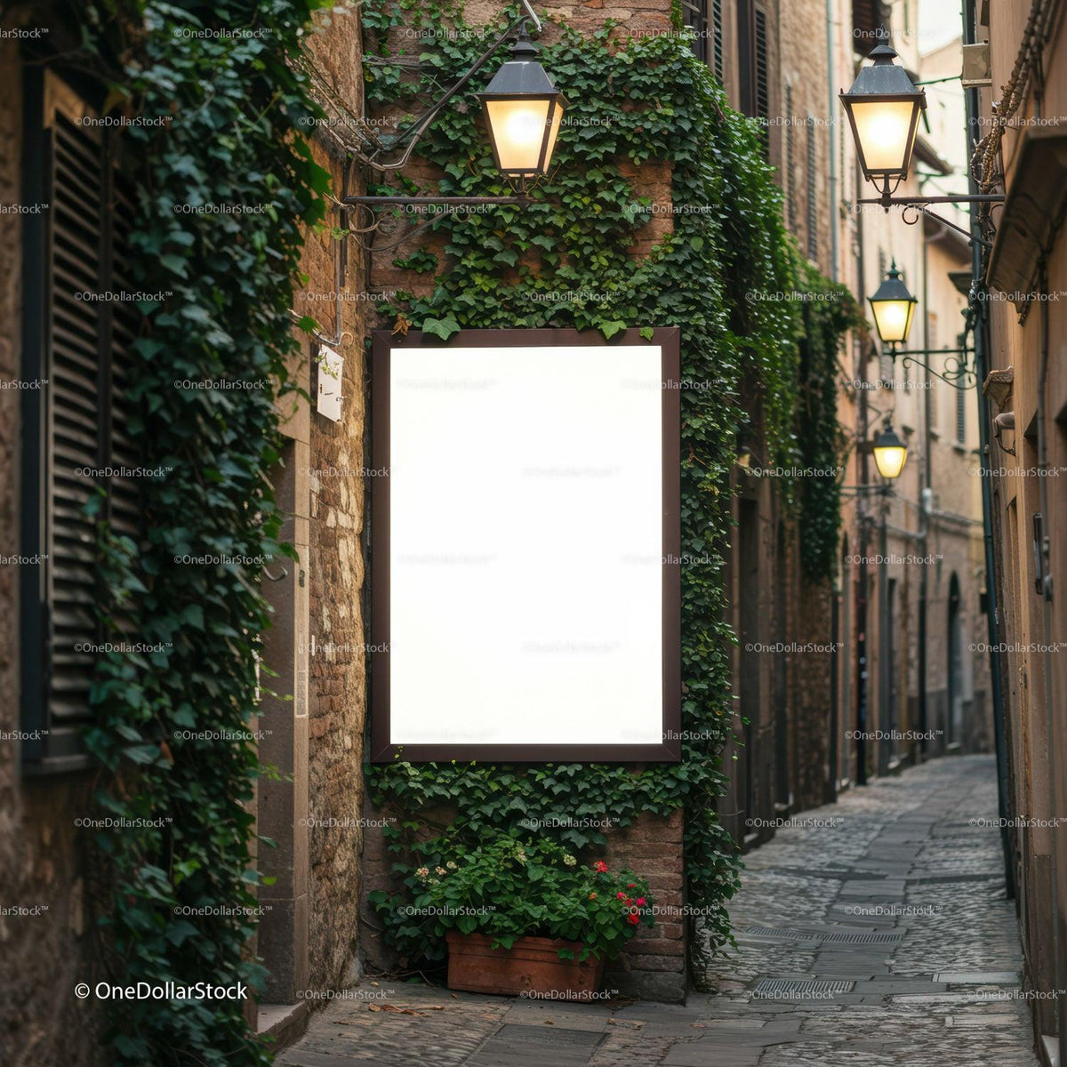 Cozy narrow street with illuminated vintage lamps JPG Mockup Image preview