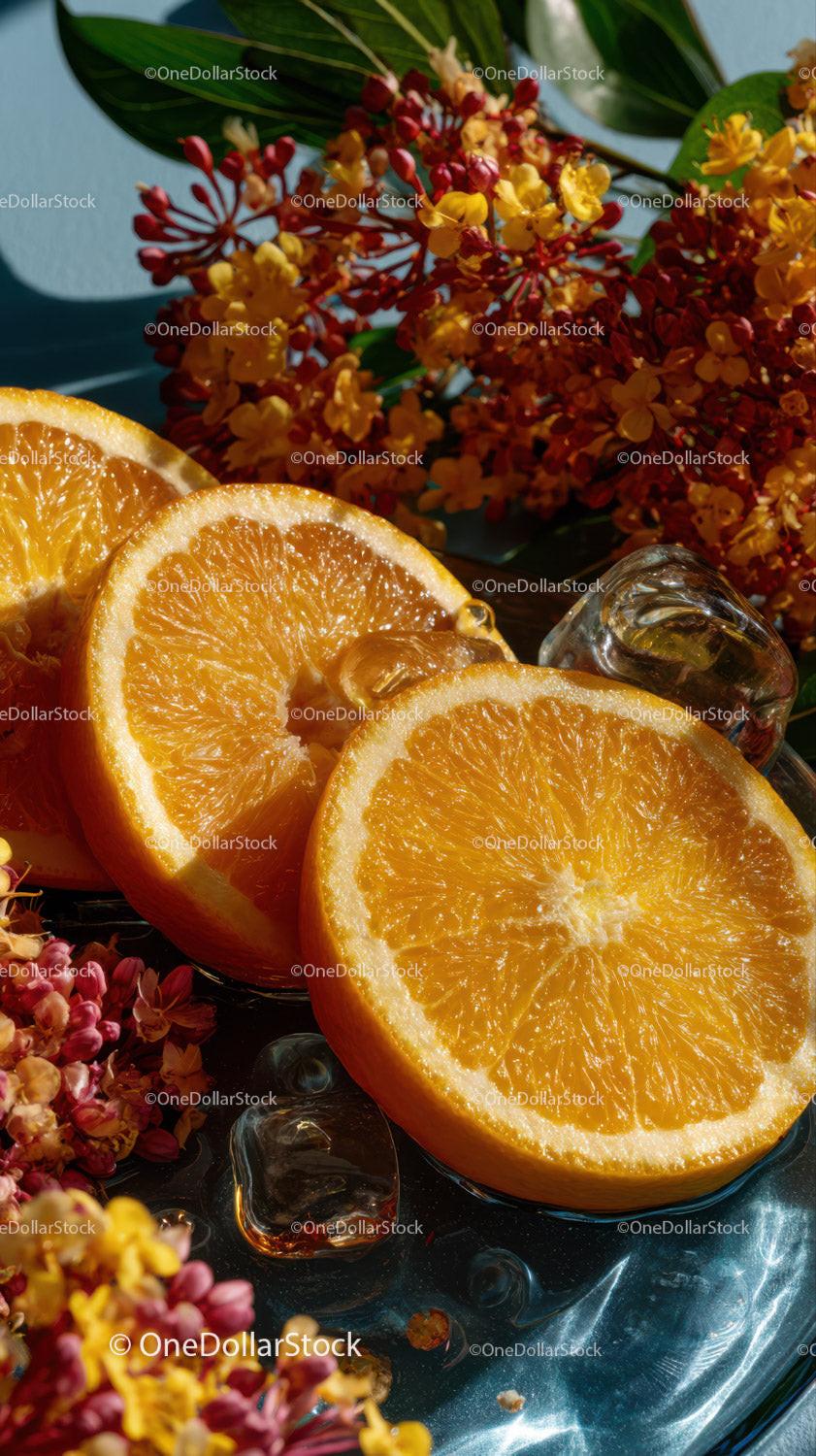Bright Juicy Orange Slices with Fresh Flowers and Ice