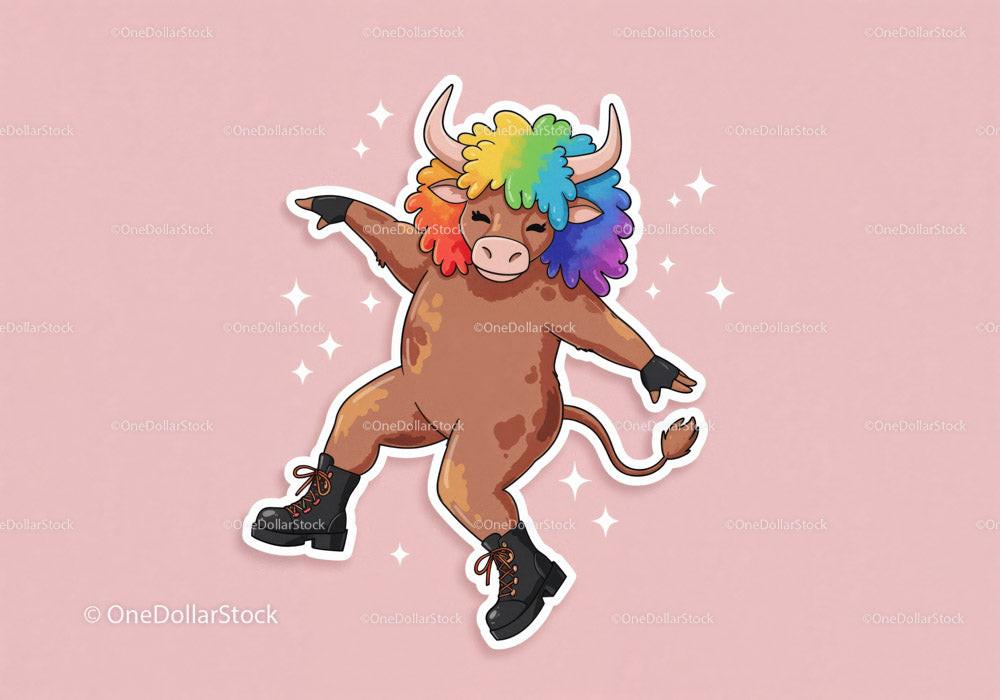 Brown bull wearing rainbow wig and black boots dancing on pink background with stars