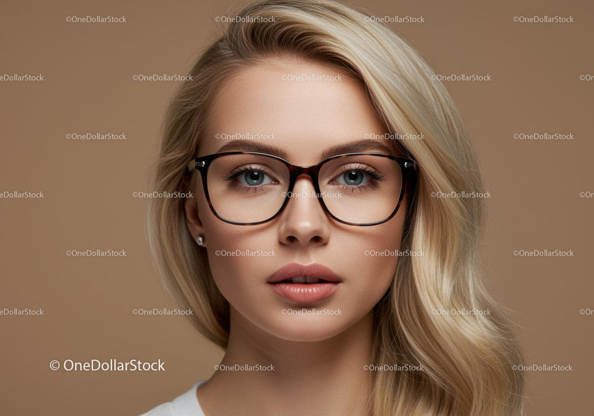 Stylish Blonde Woman Wearing Glasses in Indoor Studio Portrait