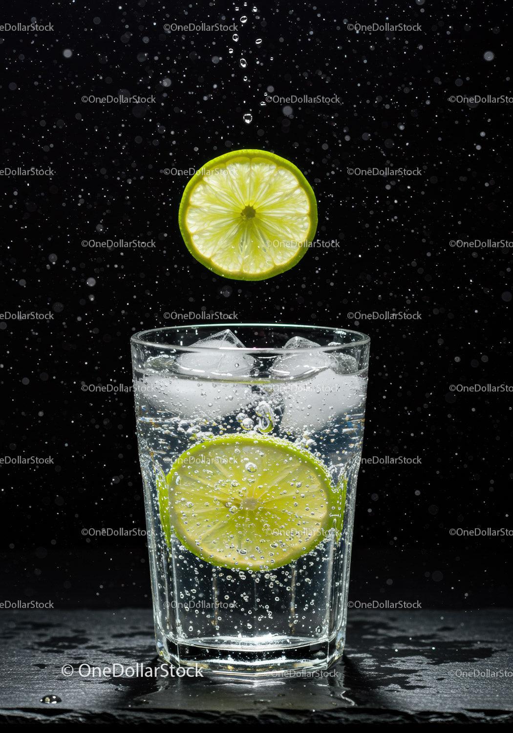 Refreshing sparkling water with lime and ice cubes