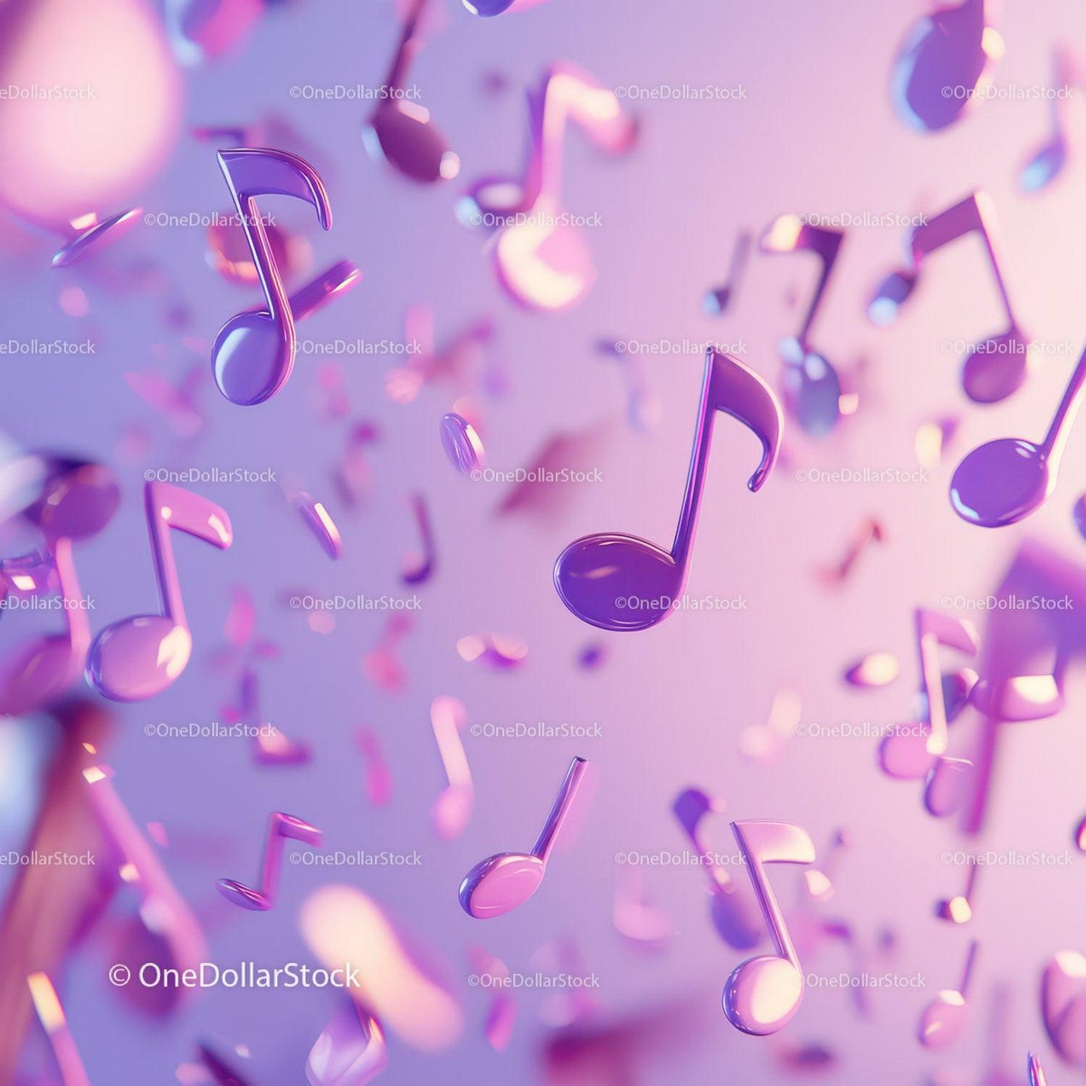 3D purple music notes floating in pink and blue pastel light with soft depth