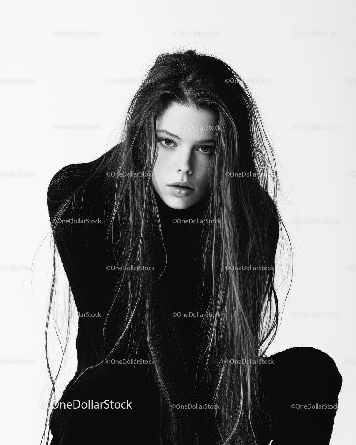 Black and White Portrait of Young Woman with Intense Gaze