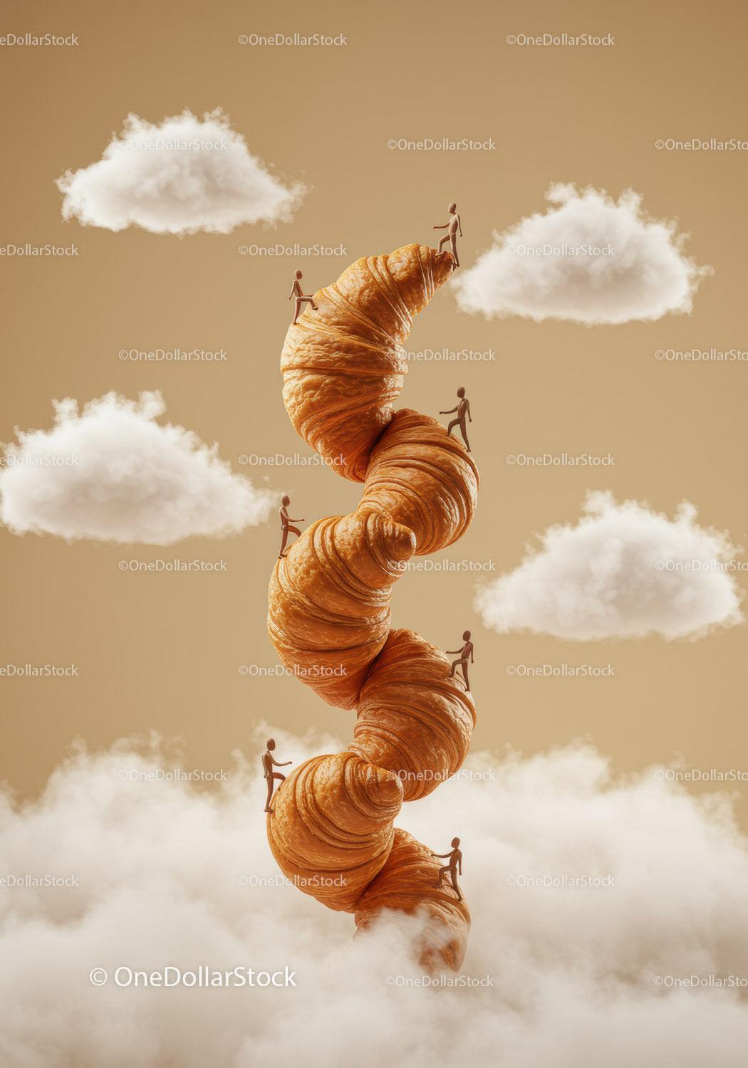Miniature Figures Climbing Tower of Croissants Among Clouds