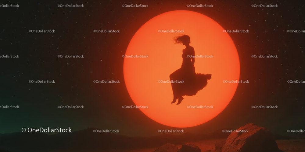Silhouette of a woman floating in front of a large orange moon over dark rocky landscape