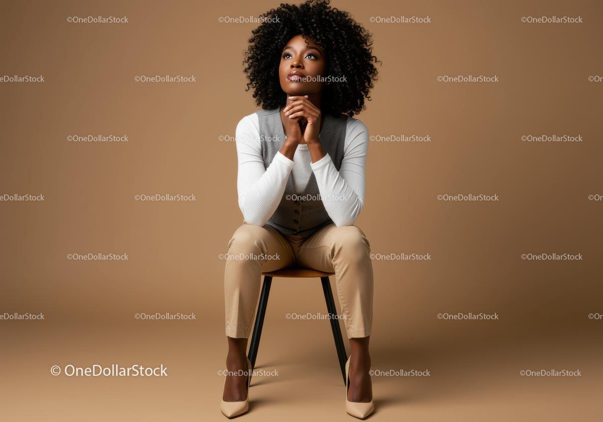 Thoughtful Woman Seated in Elegant Attire Against Brown Background Stock Photo Bundle preview 13