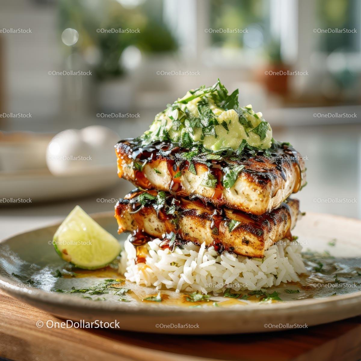 Delicious Grilled Fish with Rice and Fresh Avocado Salsa