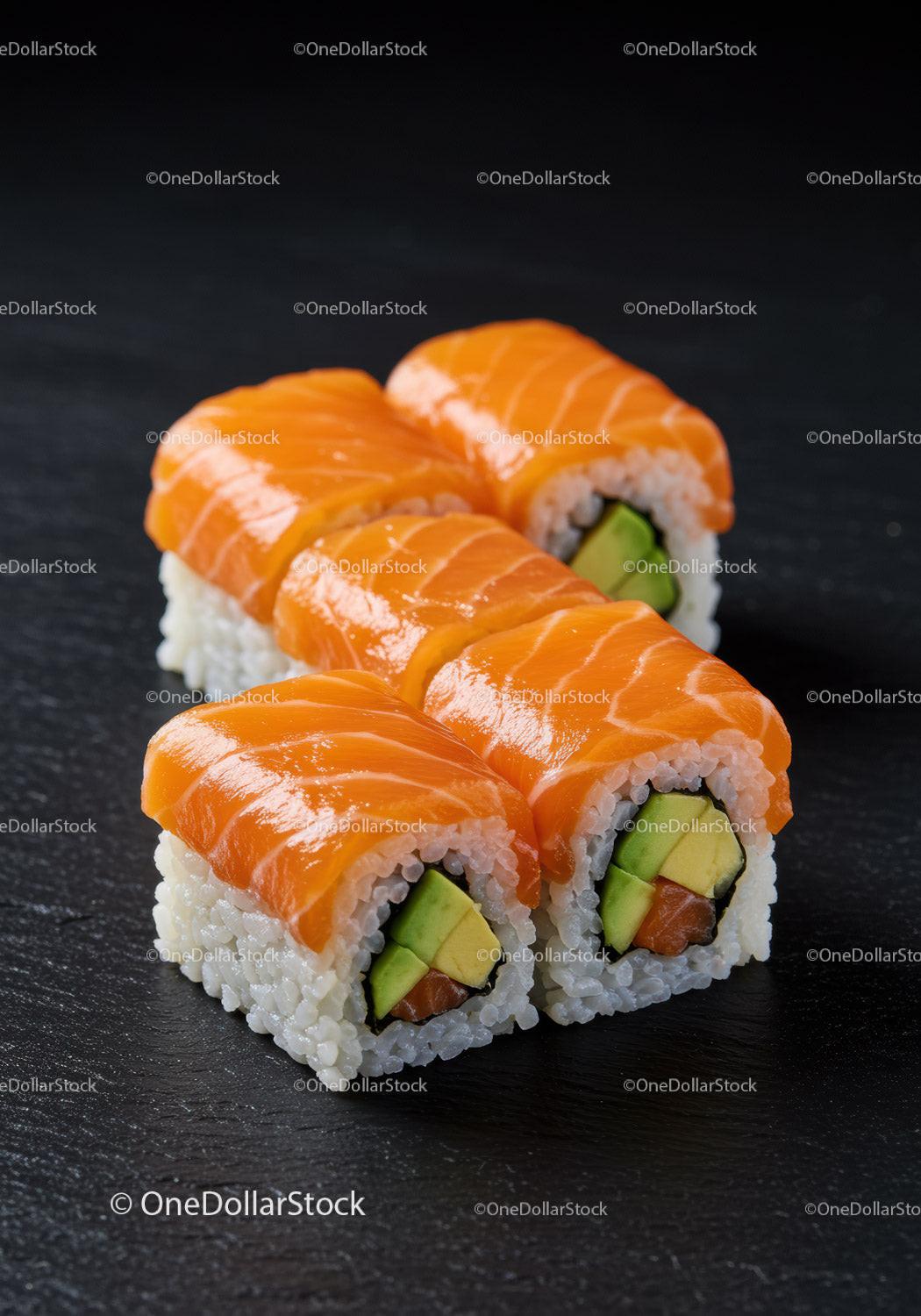 Fresh salmon sushi rolls with avocado and rice