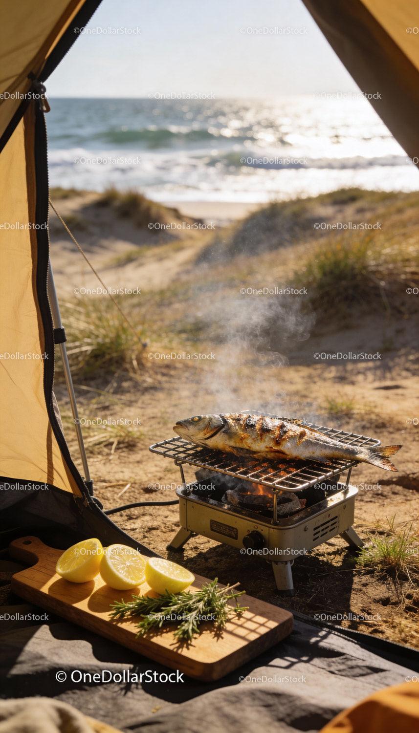 Fresh fish grilling on portable stove by sandy beach