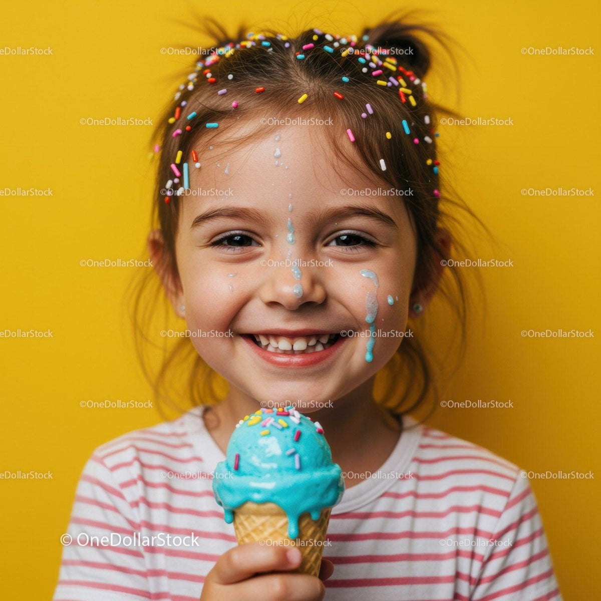 Smiling Girl Enjoying Melting Blue Ice Cream Cone
