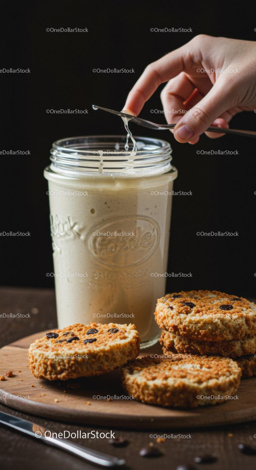 Creamy Jar of Sour Dough Starter with Crisp Cookies