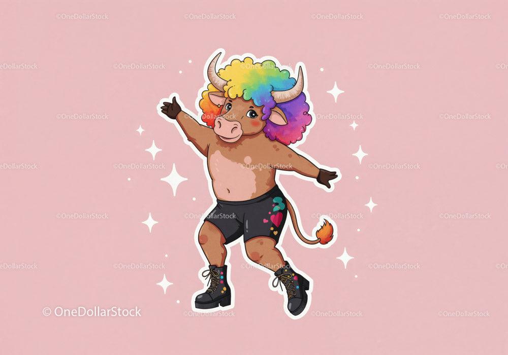 Cheerful bull character with rainbow afro and black shorts on pink background