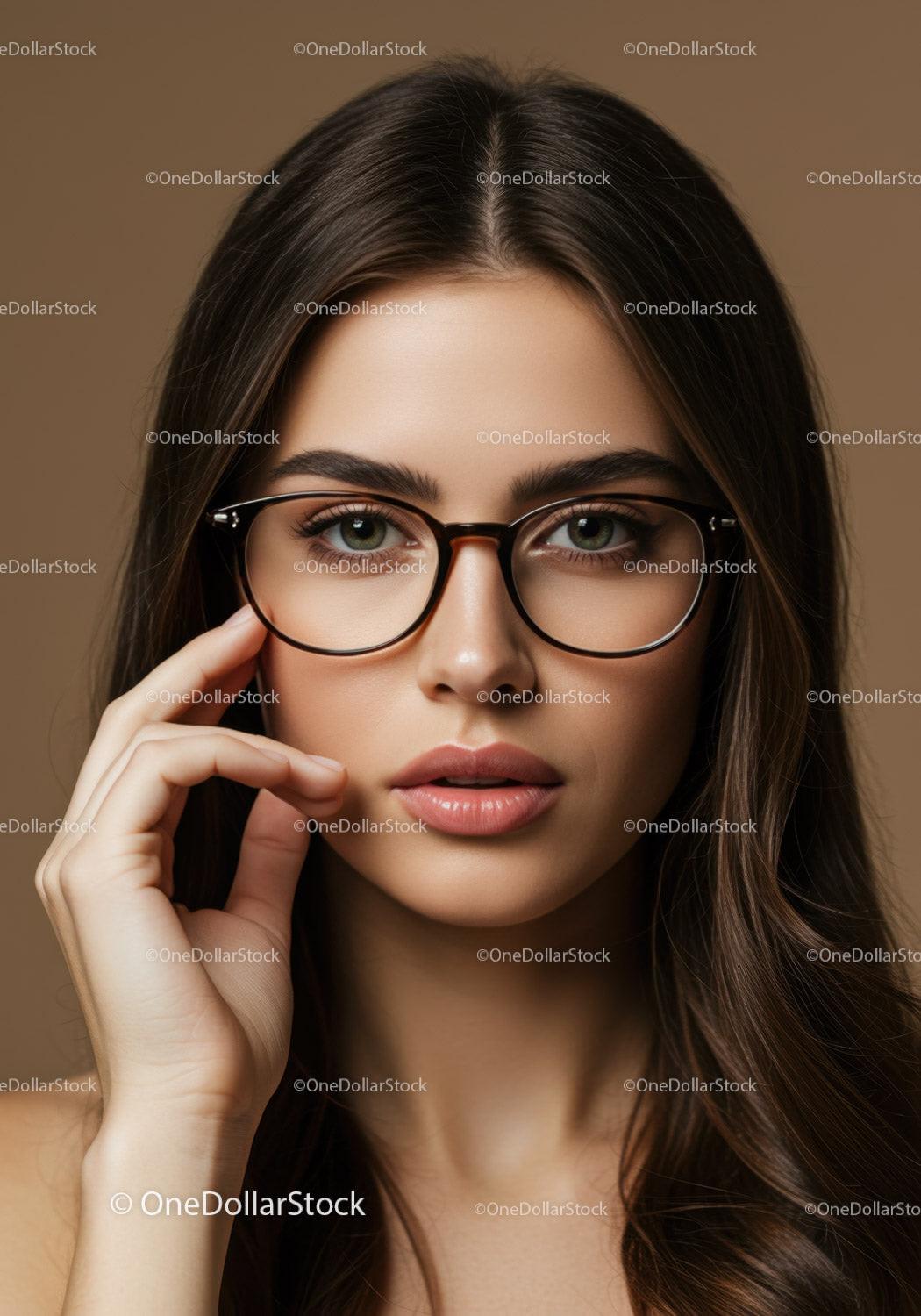 Elegant Young Woman with Glasses and Brown Hair in Studio Portrait