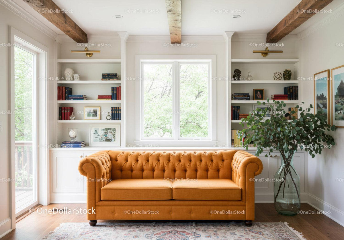 Bright living room with orange tufted sofa and bookshelves