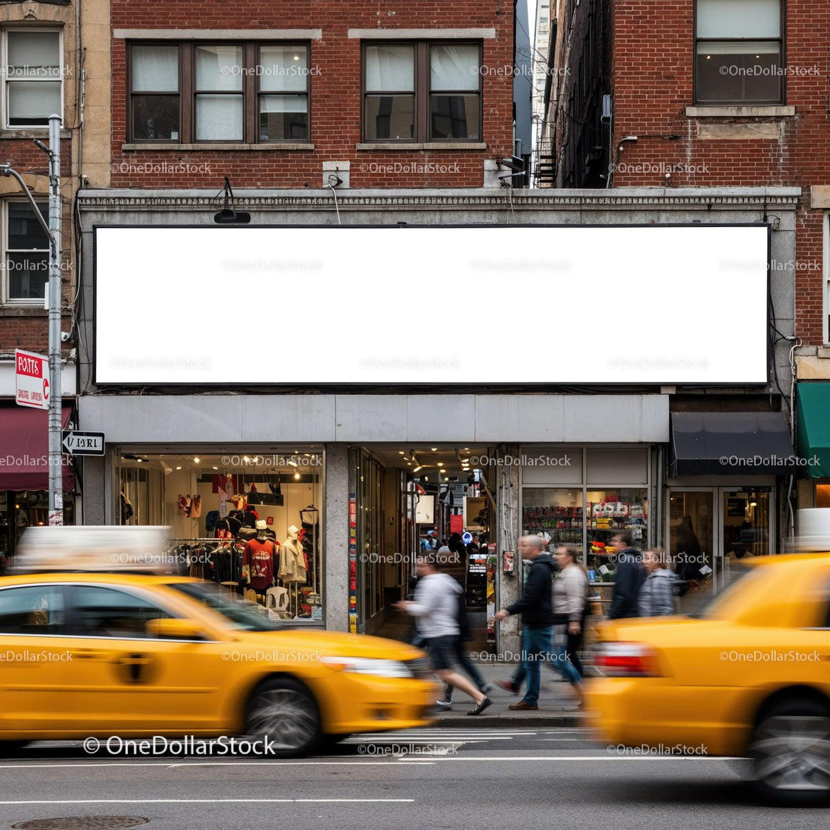 Yellow taxis passing by busy city clothing store JPG Mockup Image preview