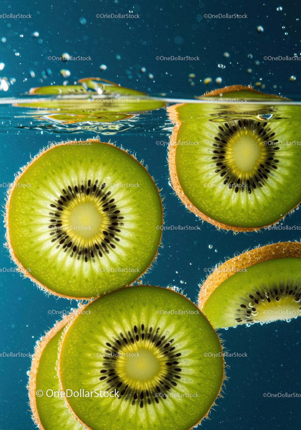 Fresh kiwi slices floating in clear water