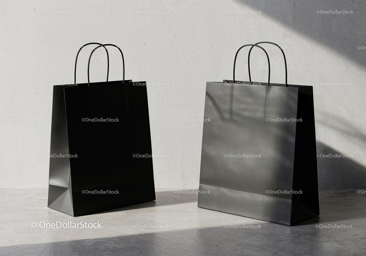 Minimalistic black shopping bags on concrete floor JPG Mockup Image preview