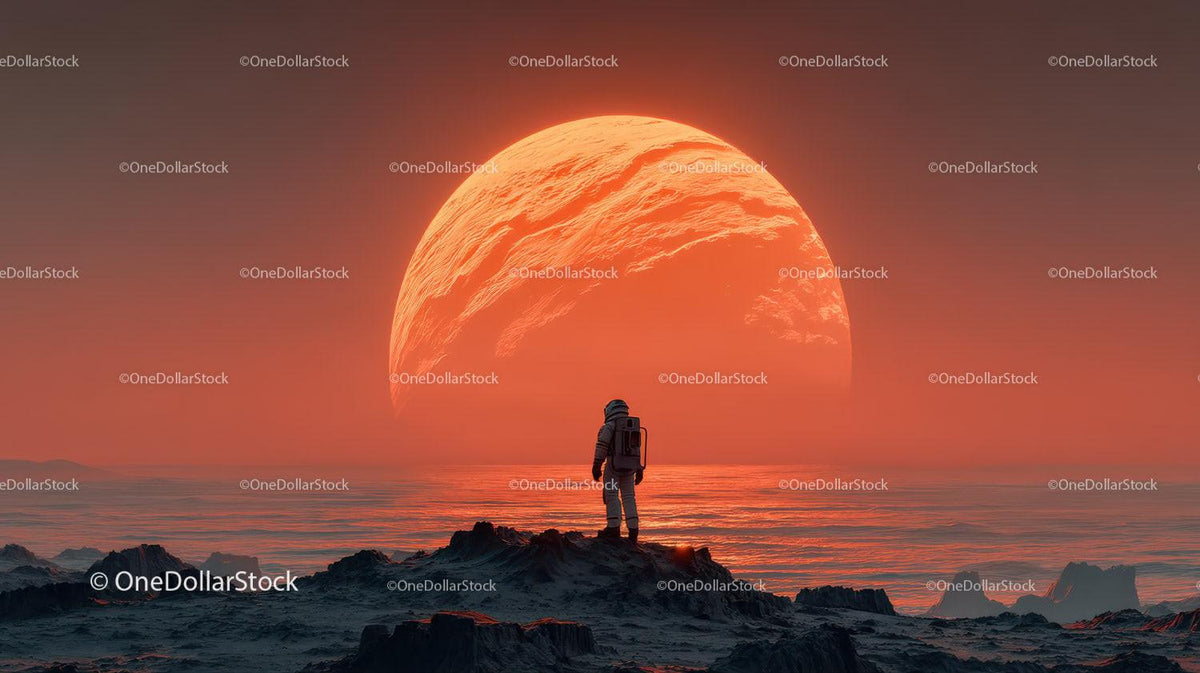 Astronaut Exploring a Surreal Alien Landscape with a Giant Orange Planet Stock Photo Bundle preview 32