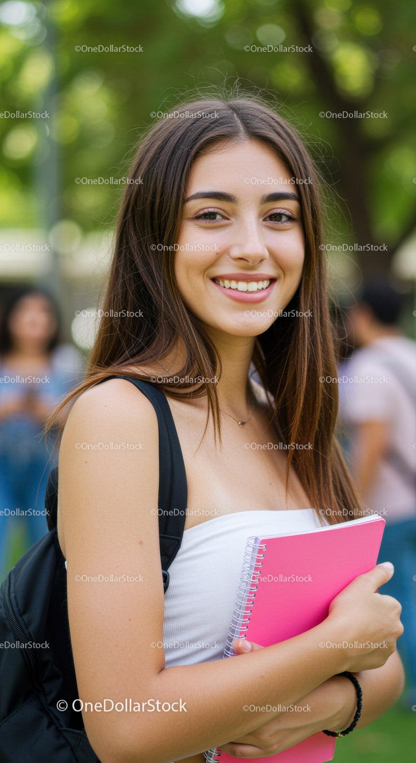 Young Woman Smiling Holding Pink Notebook Outdoors