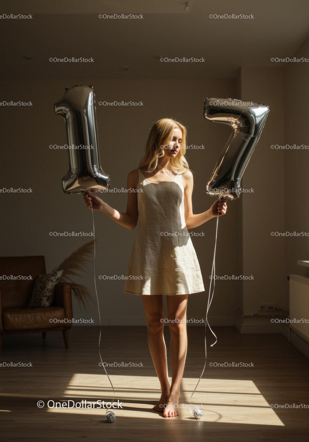 Young woman holding number balloons in sunlit room