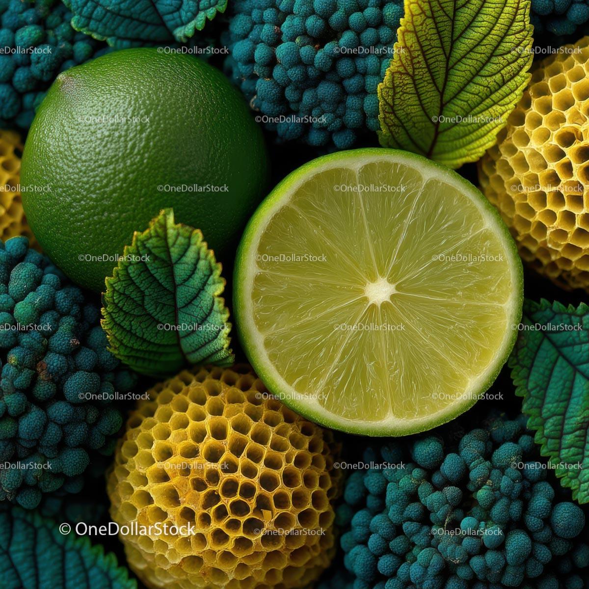 Vibrant Lime and Honeycomb Composition with Fresh Green Leaves