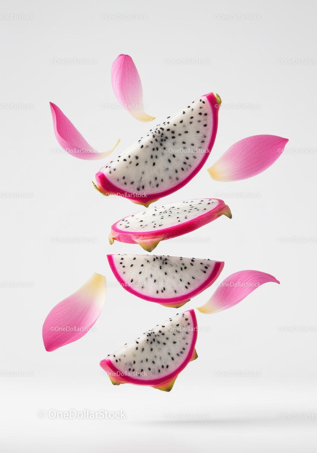 Freshly sliced dragon fruit with pink petals floating