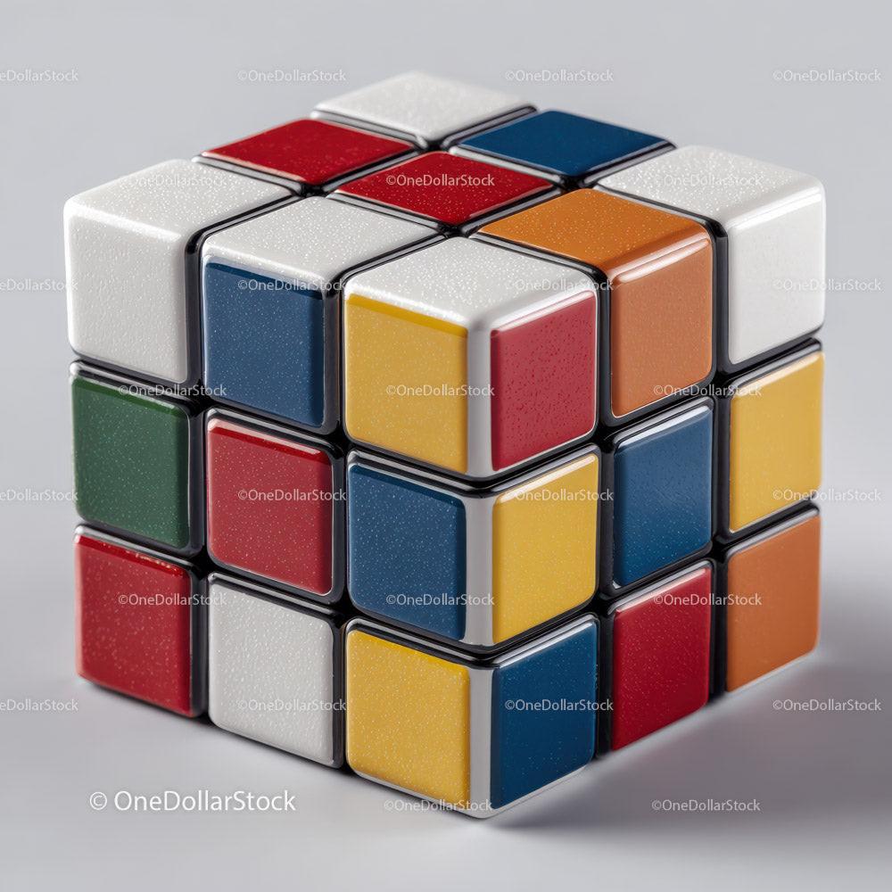 Colorful partially solved 3x3 puzzle cube with red blue yellow white orange and green squares on each side.