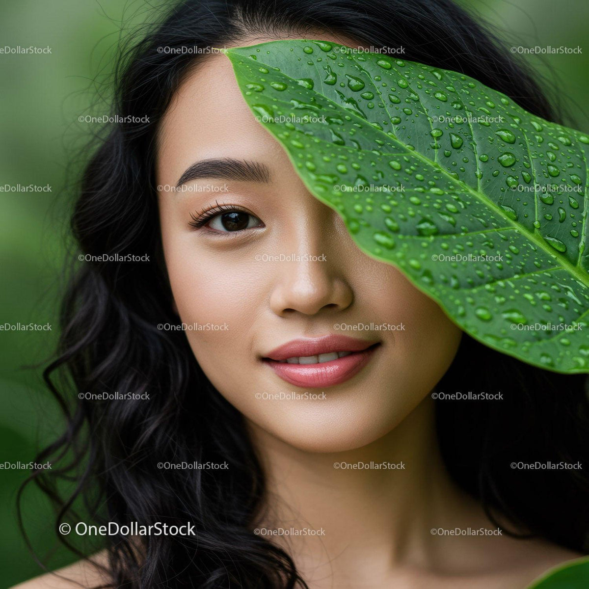 Portrait of an Asian Woman with Black Wavy Hair and Green Leaf
