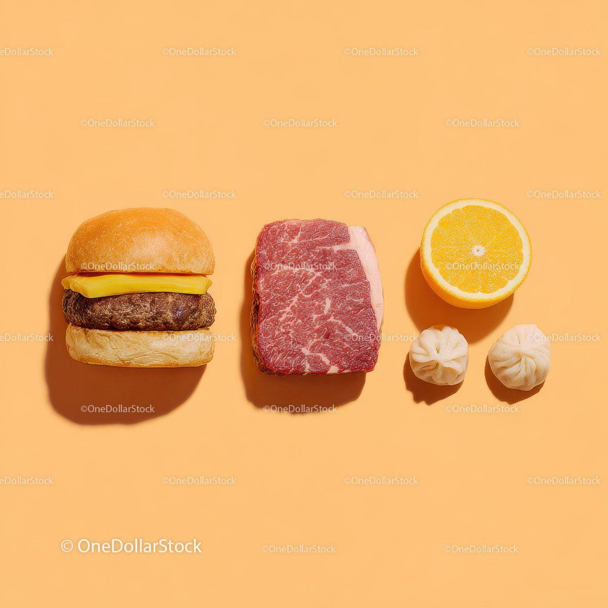 Gourmet Burger with Lettuce and Tomato Next to Grilled Steak and Dumpling Stock Photo Bundle preview 36