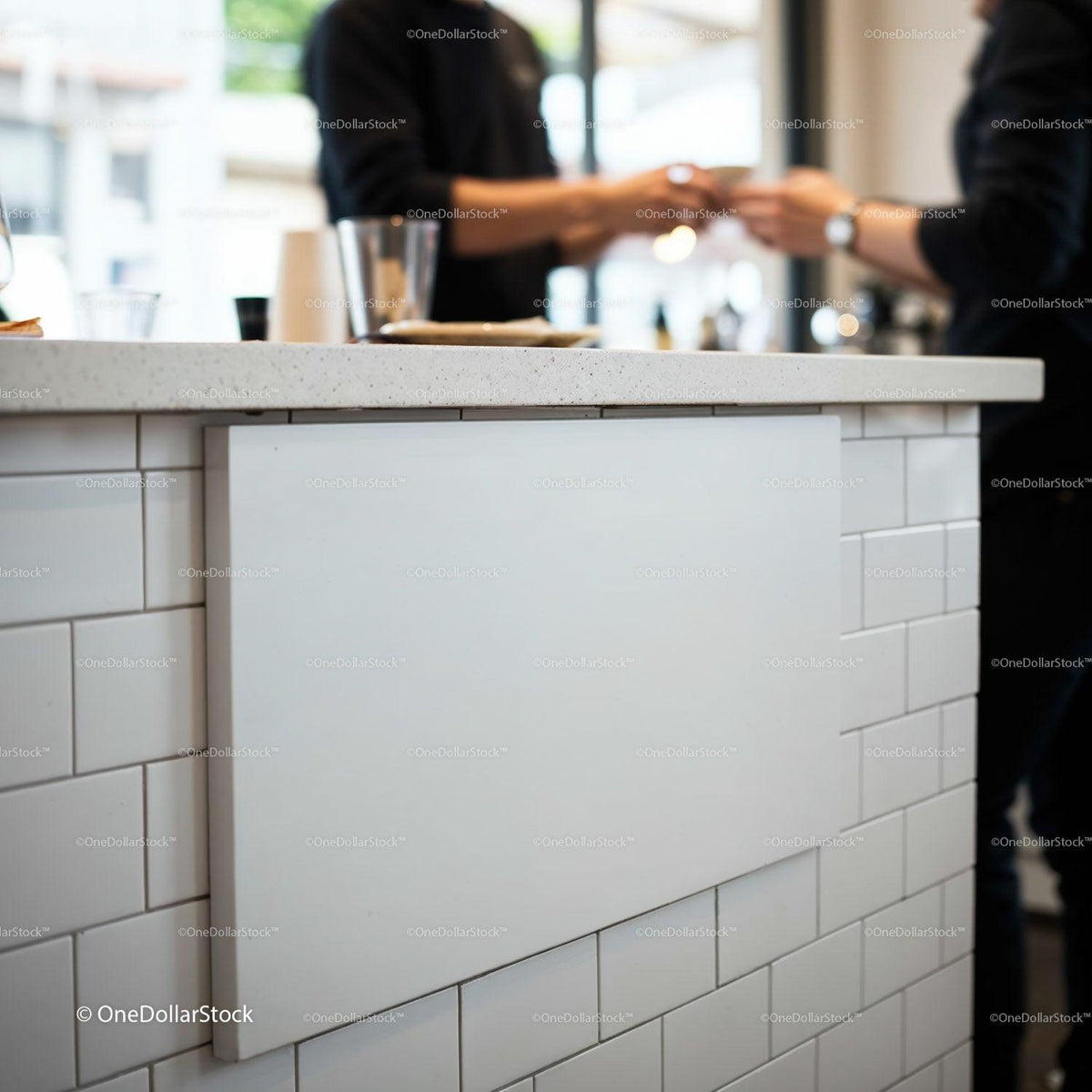 Casual coffee exchange at modern white tiled counter JPG Mockup Image preview