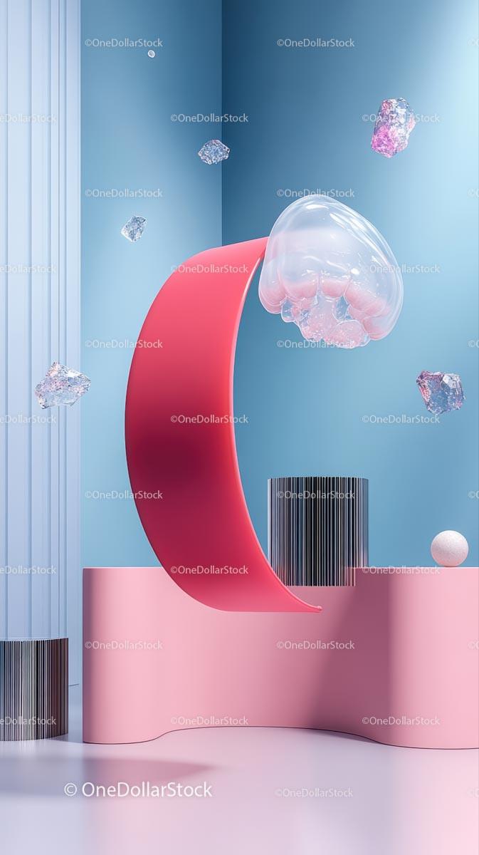 Abstract Modern Interior with Pink Curved Shape and Floating Glass Globe
