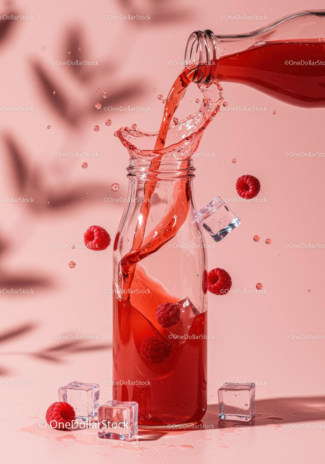 Refreshing raspberry drink pouring into glass bottle